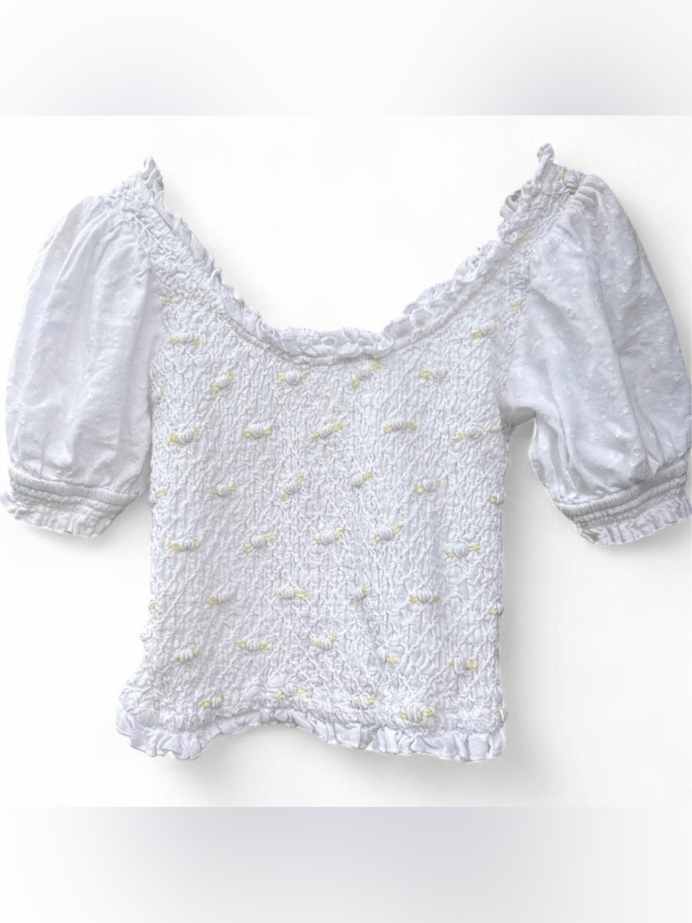 Free People White Smocked Puff-Sleeve Blouse with Tiny Yellow Embroidery